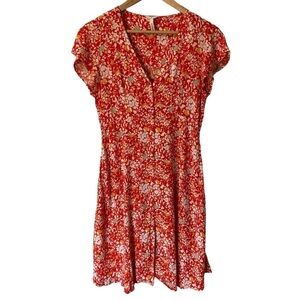 Object Floral Sundress Sz M Red White Button Front Fitted Cute FLAWED Sleeve